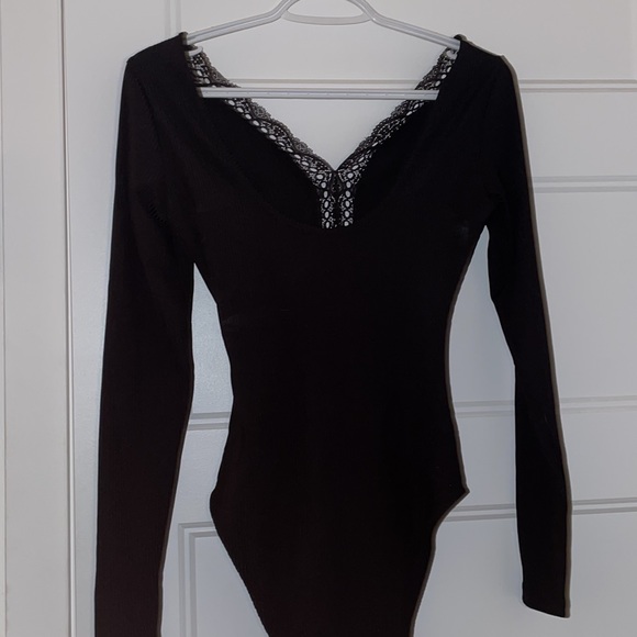 H&M Long Sleeve Black Bodysuit with Lace Trim, Size Small - Picture 2 of 4